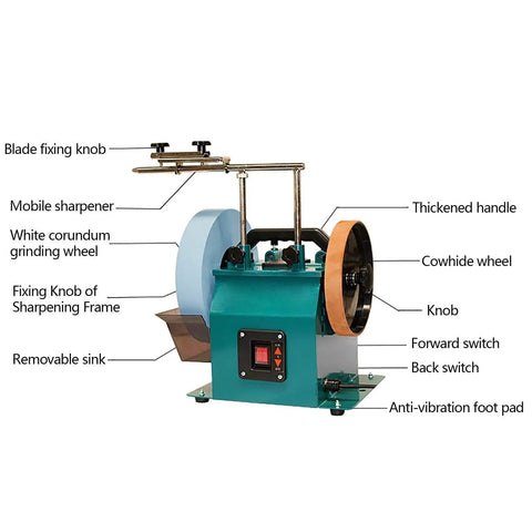 Top Shelf Water Cooled Electric Knife Sharpener Bench Grinder With 240 Watt Motor And 10 Inch Coarse Sharpening Stone Plus 8 Inch Leather Stropping Wheel For No Sweat Cooling And Zero Burn with various parts labeled.