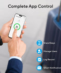 Person using phone app for Z Wave 5 in 1 Keyless Smart Lock With Door Sensor And Remote Access Lets You Lock Unlock Share Access Codes And See Who Entered When Works With Z Wave Plus And Integrates With Home Assistant SmartThings Hubitat Ezlo And More Deadbolt Lock, displaying features like share eKeys and manage users.