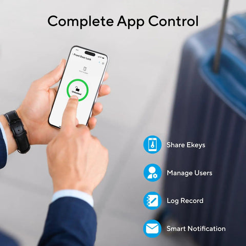 Person using phone app for Z Wave 5 in 1 Keyless Smart Lock With Door Sensor And Remote Access Lets You Lock Unlock Share Access Codes And See Who Entered When Works With Z Wave Plus And Integrates With Home Assistant SmartThings Hubitat Ezlo And More Deadbolt Lock, displaying features like share eKeys and manage users.