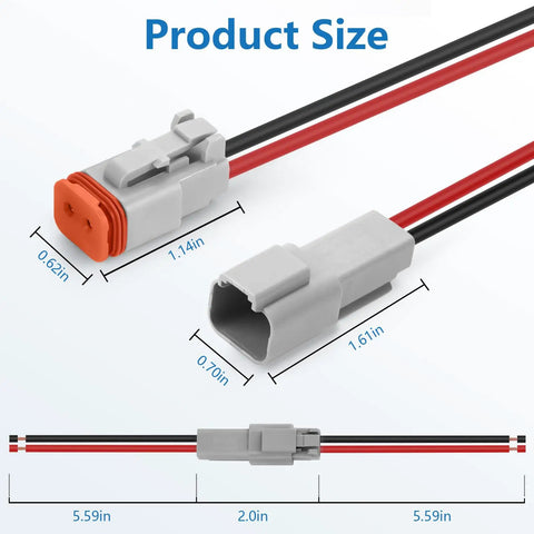 2 Pin Waterproof Connectors 14 AWG DT Series Automotive Plug Kit size dimensions with wires for car truck boat LED work light