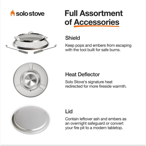 Accessories for Ranger 2.0 Smokeless Portable Fire Pit With Stand, including shield, heat deflector, and lid shown on white background.