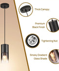 Black Industrial Kitchen Island Pendant Light With Black Glass Shade showing canopy, finish, tightening nut, and gradient glass detail