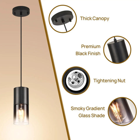 Black Industrial Kitchen Island Pendant Light With Black Glass Shade showing canopy, finish, tightening nut, and gradient glass detail
