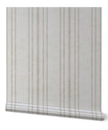 Straight Up Gorgeous Beige Stripe Wallpaper With A Sleek Neutral Silver Metallic Sheen And Cozy Fibrous Texture For That Perfect Modern Lounge Vibe Eco Friendly Pvc Free Wallcovering, displayed in a roll.