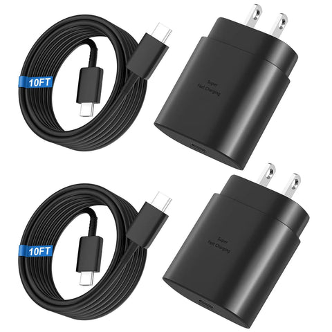 Small But Mighty 25W USB C Wall Charger Fast Charge Kit With 10ft Type C Cable Two Pack for Galaxy S26 Ultra and other USB C devices