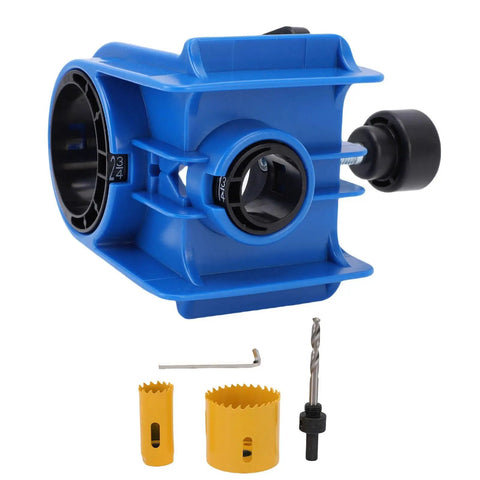 Upgrade Your Home With This Ultimate 1 3/8 To 1 34 Inch Door Lock Installation Kit Including Guide Template, High Speed Steel Hole Saws And Drill Bit For A Smooth Wood Job. blue door lock installation kit with hole saws, drill bit and guide template