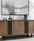 Top Tier 94 Inch Reclaimed Oak Wood Sideboard Buffet Cabinet Magnetic Doors Built In Wire Management Sturdy Open Shelving in living room.