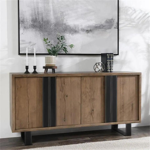 Top Tier 94 Inch Reclaimed Oak Wood Sideboard Buffet Cabinet Magnetic Doors Built In Wire Management Sturdy Open Shelving in living room.