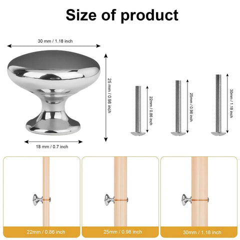 Sleek Polished Chrome Cabinet Knobs 4 Pack Round Mushroom Drawer Handles, 30mm Diameter, Zinc Alloy, Includes M4 Screws, Front Thickness About 25mm Fit, No Fuss Kitchen Upgrade for Cabinets and Furniture, size chart with 30mm knob and M4 screws