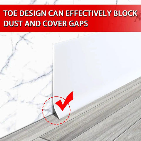 Vinyl Wall Baseboard Molding 4 Inch Peel And Stick Self Adhesive White 40 Feet Flexible Rubber Trim against wall and floor corner.