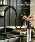 Kitchen Faucet with Pull Down Sprayer, black high arc single handle faucet in modern kitchen, 23-inch pull-down sprayer.