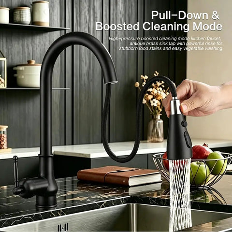 Kitchen Faucet with Pull Down Sprayer, black high arc single handle faucet in modern kitchen, 23-inch pull-down sprayer.