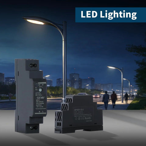 Ultra Slim Step Shape DIN Rail Power Supply 5V 2.4A 12W Switching Module beside LED street lights in urban night scene.