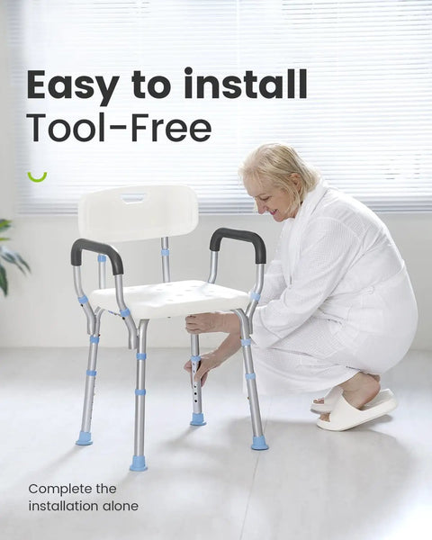Elderly woman assembling Heavy Duty Adjustable Shower Chair For Inside Shower With 500 Lb Capacity Oversize Bath Seat in bathroom.