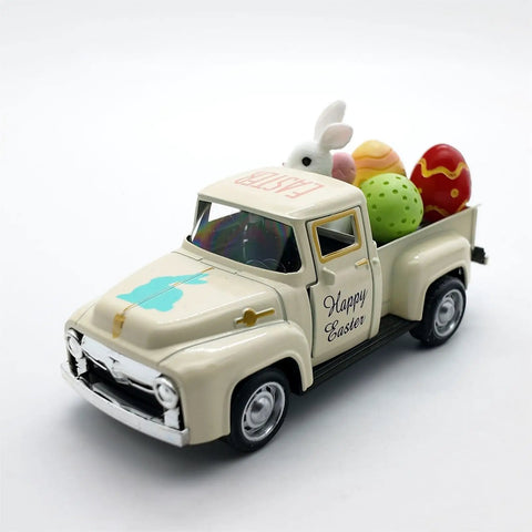 Metal Truck Decor With Mini Rabbits And Color Eggs Vintage Farmhouse Tabletop Pickup Car Ornament For Spring Home Decor