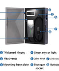 Inside view of Heavy Duty Galvanized Steel EV Charger Wall Mount Enclosure showing features like smart sensor light and combination lock.