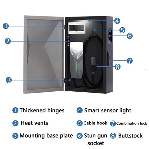 Inside view of Heavy Duty Galvanized Steel EV Charger Wall Mount Enclosure showing features like smart sensor light and combination lock.