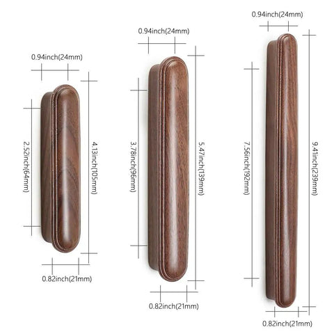 Solid Walnut Wood Cabinet Handles And Drawer Pulls For Cabinets, Dressers, And Wardrobes, Dope Retro Chinese Style Hardware showing dimensions