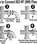 KF-16 stainless steel vacuum bellows hose assembly diagram showing cross, elbow, centering ring, and wing-nut clamp