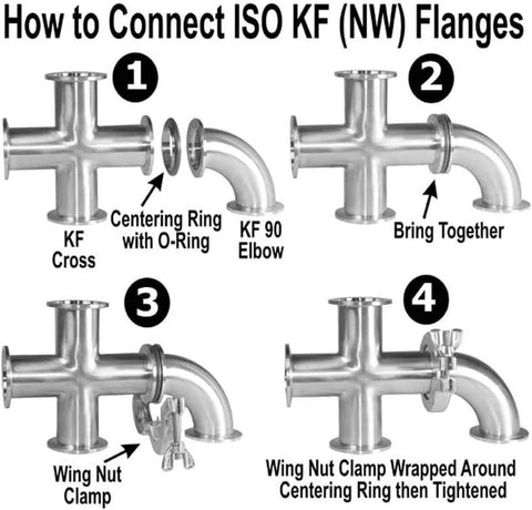 KF-16 stainless steel vacuum bellows hose assembly diagram showing cross, elbow, centering ring, and wing-nut clamp