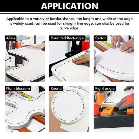 Portable Edge Bander for woodworking demonstrating various edge shapes like alien, rounded rectangle, sector in application