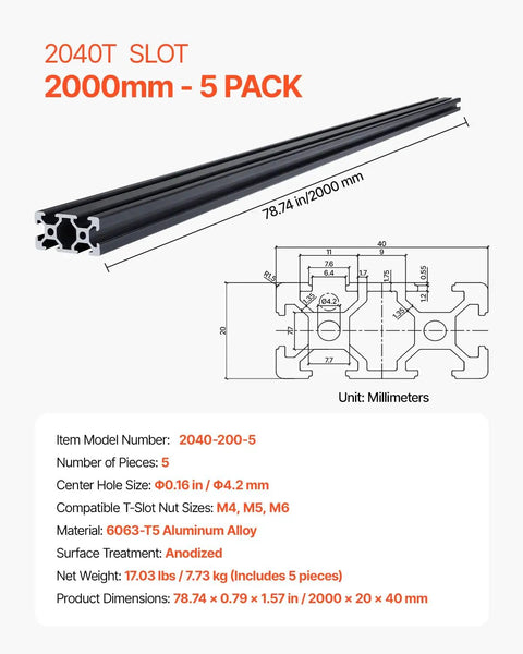Five 78.7 Inch 2000mm 2040 T Slot Aluminum Extrusion Profiles With European Standard Anodized Linear Rail Be