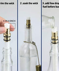 Steps to assemble Wine Bottle Torch Kit 4 Pack With Long Life Fiberglass Wicks, Brass Wick Holders And Brass Caps, Just Add Bottle