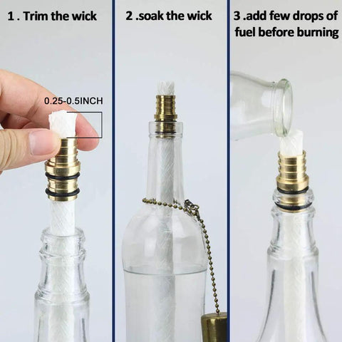 Steps to assemble Wine Bottle Torch Kit 4 Pack With Long Life Fiberglass Wicks, Brass Wick Holders And Brass Caps, Just Add Bottle