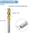 3/8-16 UNC Spiral Flute Thread Taps Set For Quick Machining And DIY Repair Titanium Coated 6542 High Speed Steel, size details