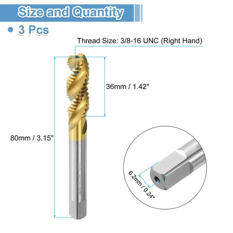 3/8-16 UNC Spiral Flute Thread Taps Set For Quick Machining And DIY Repair Titanium Coated 6542 High Speed Steel, size details