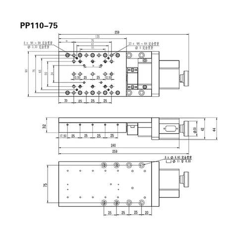 Diagram of Motorized Linear Stage Built Right For Dead Nuts Precise Translation Platform dimensions and components.