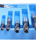 H.S.S. Solid Cap Screw Counterbore Set, 7 Piece, 3 Flute, Straight Shank, Inch Size Counterbores For Cap Screws in blue holder