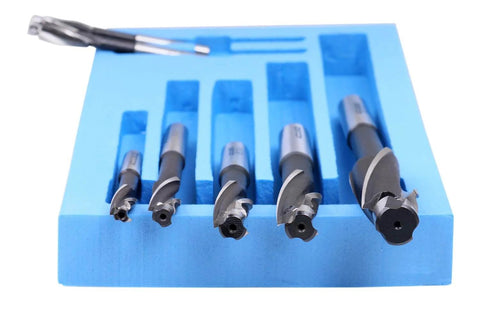 H.S.S. Solid Cap Screw Counterbore Set, 7 Piece, 3 Flute, Straight Shank, Inch Size Counterbores For Cap Screws in blue holder