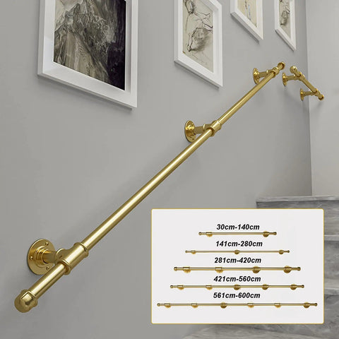 Rock Solid Wrought Iron Stair Handrail And Wall Mounted Safety Banister For Indoor Outdoor Use, golden finish, mounted on wall.