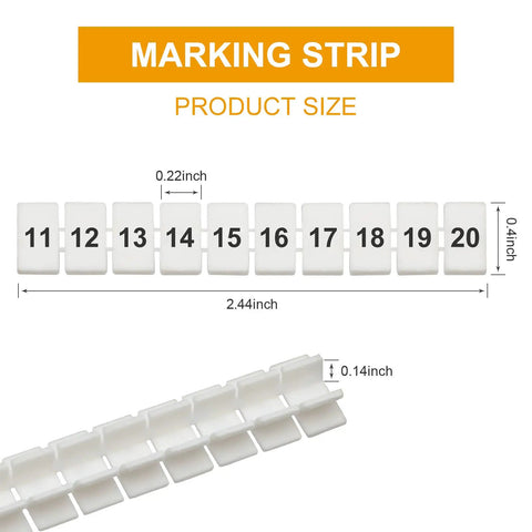 Multi Section Terminal Block Label Strips 10 Pack For DIN Rail Blocks Like UK2.5B UK5N UDK4 UKK5 Marker Bars For 5-10 AWG Conductors Easy Fit And Separate Labels 2.4 Inch Long Clear Readability, white marking strip numbered 11-20