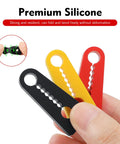 Heavy Duty Silicone Car Door Slam Blockers Four Piece Set in black, yellow, and red, showing flexibility and grip features for vehicle use.