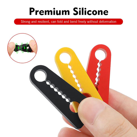 Heavy Duty Silicone Car Door Slam Blockers Four Piece Set in black, yellow, and red, showing flexibility and grip features for vehicle use.