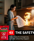 Woman using Two Pack 40x40 Inch Fiberglass Emergency Fire Blankets With Protective Gloves Wall Hooks And Storage Case For Home Kitchen Car Or Camping Fire Safety Kit For Quick Fire Suppression And Peace Of Mind in kitchen.