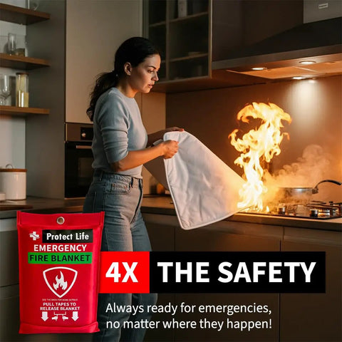 Woman using Two Pack 40x40 Inch Fiberglass Emergency Fire Blankets With Protective Gloves Wall Hooks And Storage Case For Home Kitchen Car Or Camping Fire Safety Kit For Quick Fire Suppression And Peace Of Mind in kitchen.