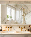 LED Medicine Cabinet 48 By 32 Inch With Demister and dimmable interior lighting, installed above bathroom sink with gold fixtures