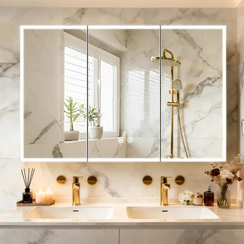 LED Medicine Cabinet 48 By 32 Inch With Demister and dimmable interior lighting, installed above bathroom sink with gold fixtures
