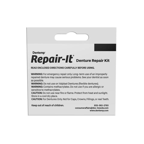 Front view of Zinc Free Denture Repair Kit For At Home Use DIY Friendly showing instructions and warnings on packaging.