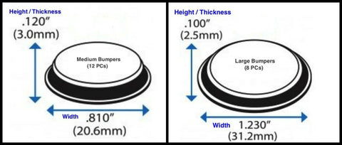 Diagram showing sizes of round clear adhesive bumpers, 12 medium (0.810 in) and 8 large (1.230 in), for glass table tops and furniture.