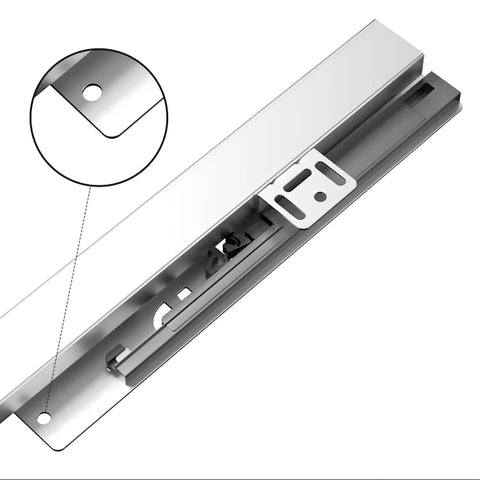 Close-up of undermount drawer slides 3 fold push to open soft close drawer runners 24 inch heavy duty steel with smooth glide