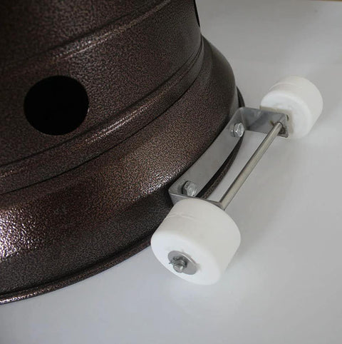Patio heater wheel replacement set with white plastic wheels and stainless steel bracket for most propane patio heaters.