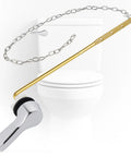 Universal Metal Front Mount Toilet Handle Replacement Kit For Most Tanks, chrome and brass lever, toilet in background.