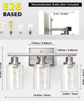 Killer 3 Light Wall Sconces With Clear Glass Shade And Brushed Nickel Finish, dimensions and E26 base information.