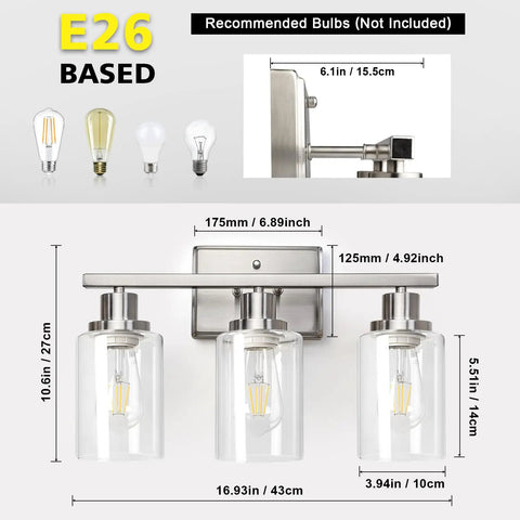 Killer 3 Light Wall Sconces With Clear Glass Shade And Brushed Nickel Finish, dimensions and E26 base information.