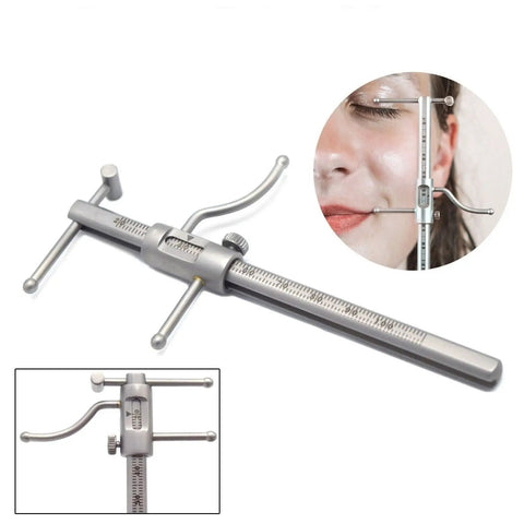 Pro Grade Adjustable Bracket Height Orthodontic Gauge With Movable Locator For Precise Occlusion And Prosthodontics VDO Scale Measuring 20mm To 100mm Dentist Lab Tool For Implants And Dental Prostheses stainless steel gauge on face