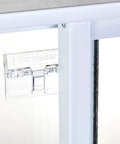 Close-up of a clear sliding door security bar hinge style lock for patio doors, easy to install and childproof, enhancing home security.